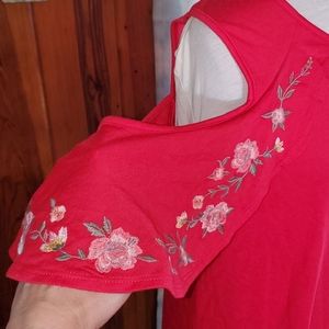 Maurices Cold Shoulder Pink Top with Embroidered Sleeves